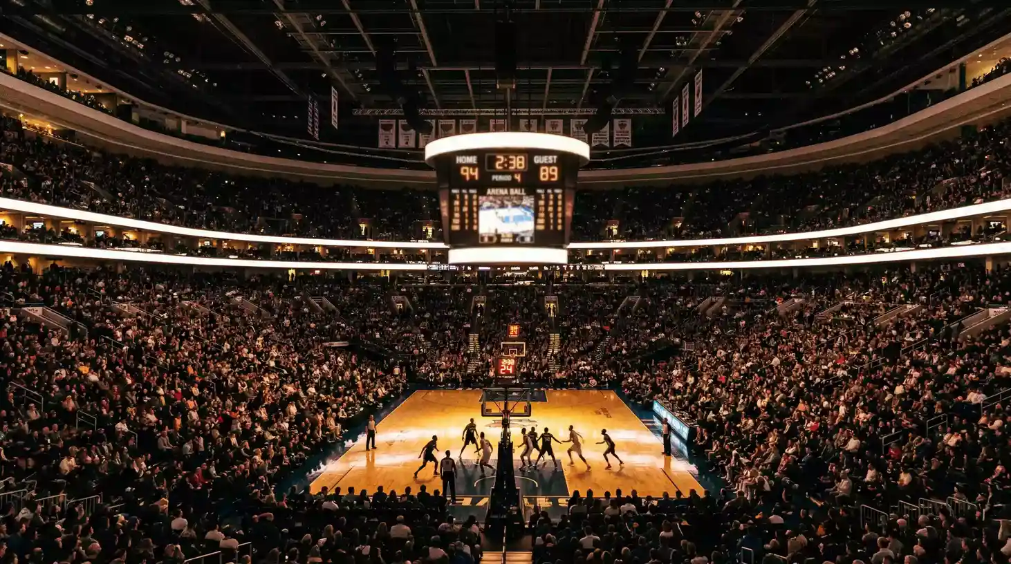 Partido de baloncesto NBA en directo visto desde la grada con el marcador iluminado